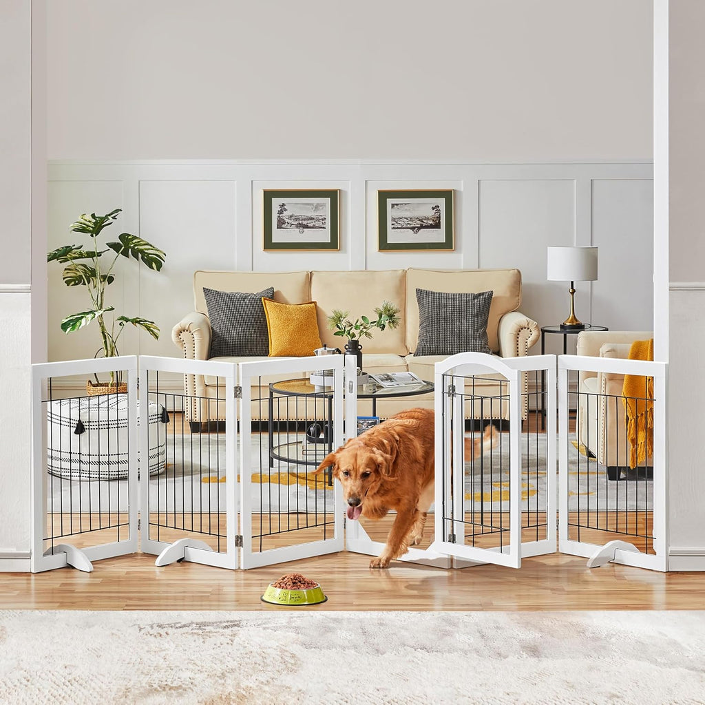 32-inch Tall Dog Gate with Door Extra Wide Pet Gate for Dogs, Foldable Wire & Wooden Puppy Safety Fence w/3 Support