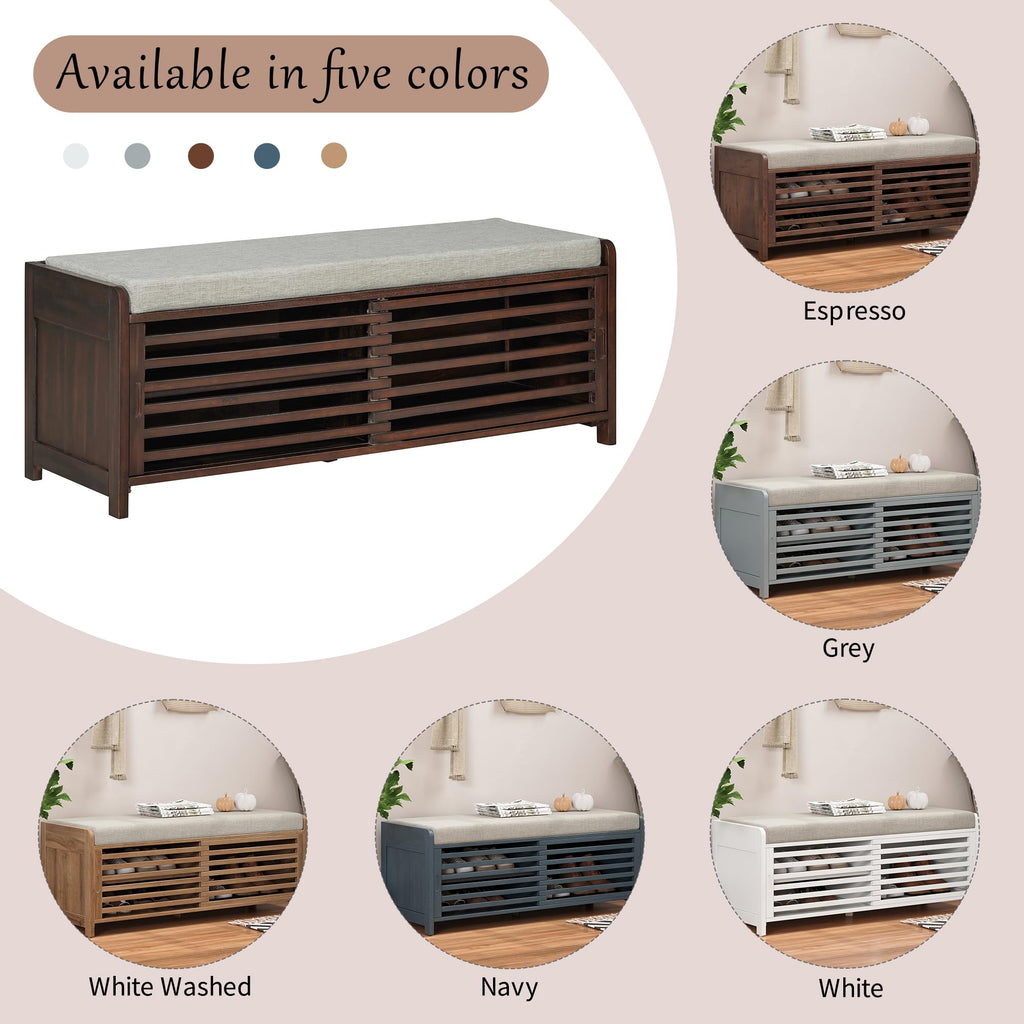 Shoe Bench with Storage and Cushion, Farmhouse Distressed Shutter Storage Bench with Retro Charm, Espresso