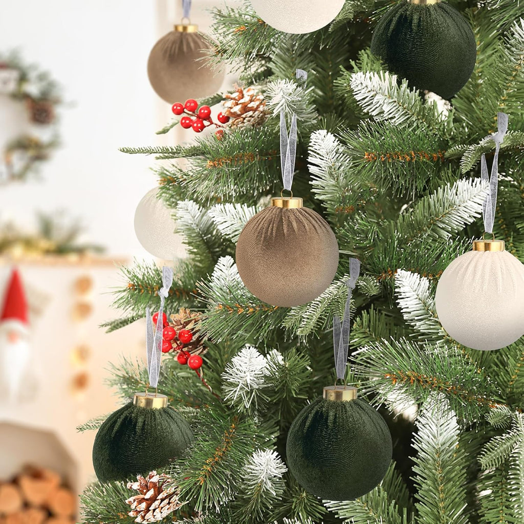 Velvet Ball Christmas Tree Ornaments Set, 15 Pack, Green/Brown, 3.15 in