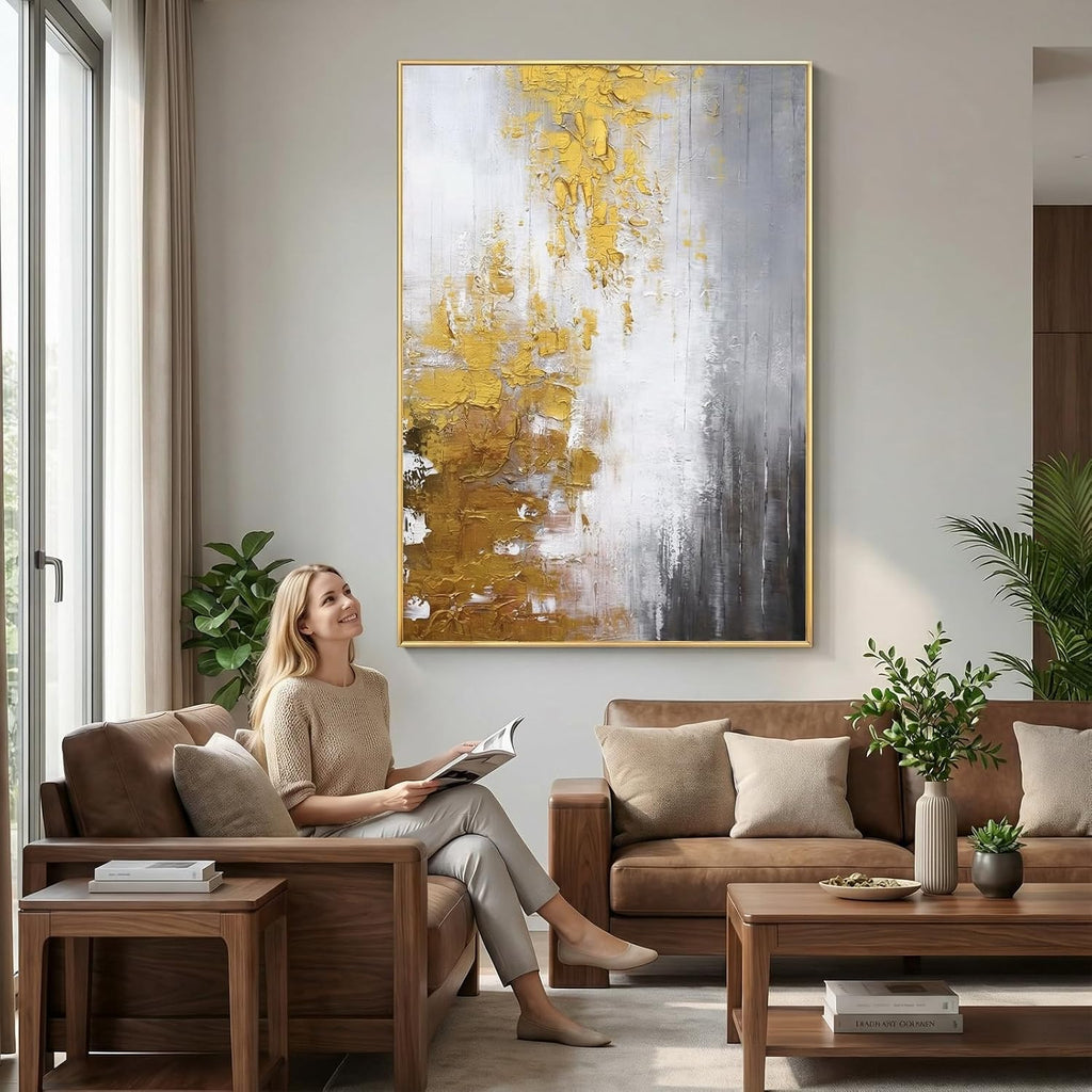 Hand-Painted Black and White Abstract Oil Painting on Canvas for Entrance-Hall, Framed Gold Wall Art ,Large 3D Wall