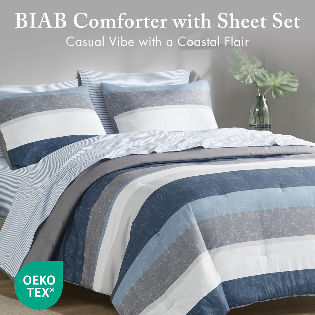 Jaxon Bed in a Bag Comforter Set with Sheet, Printed Stripe Design, Modern All Season Bedding and Matching Sham