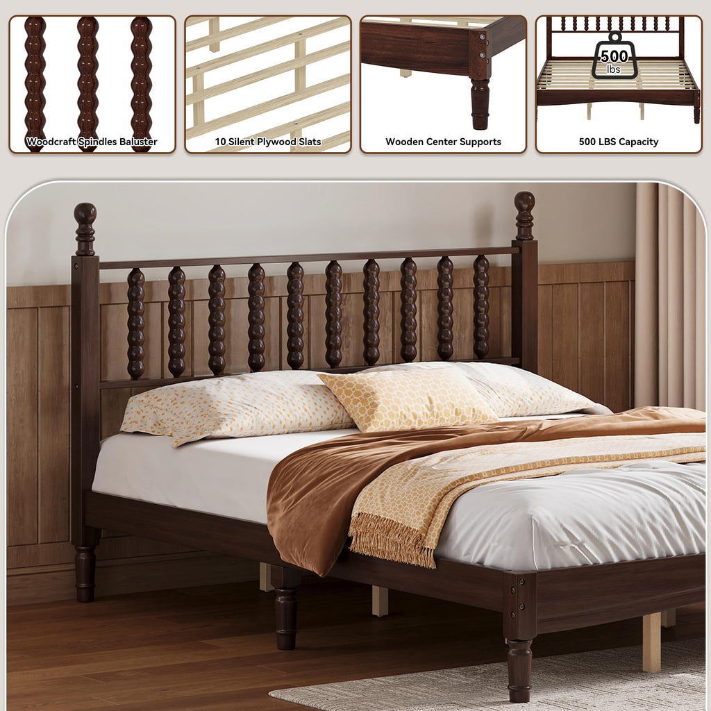 Walnut Spindle Bed Frame Full Size with Wooden Headboard