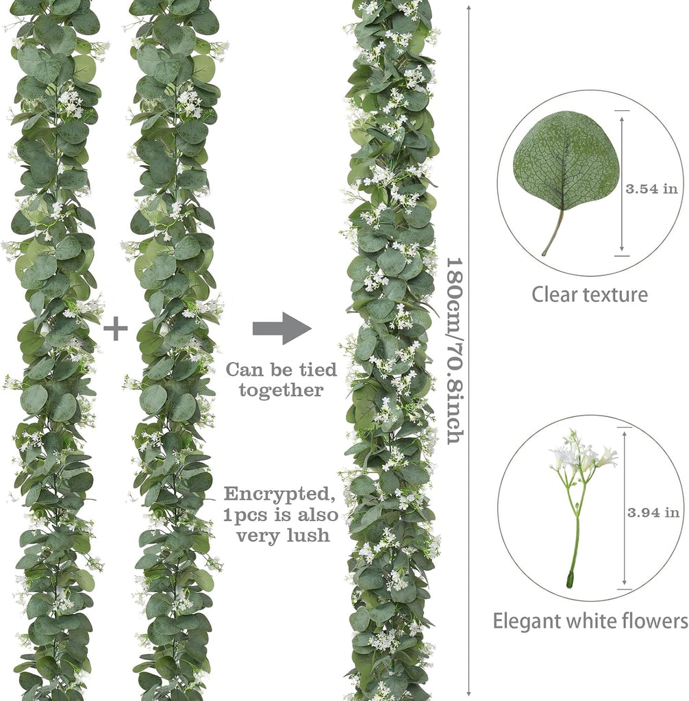 Eucalyptus Garland with White Flowers 4 Packs 5.9Ft Artificial Plants Vines - Set of 236