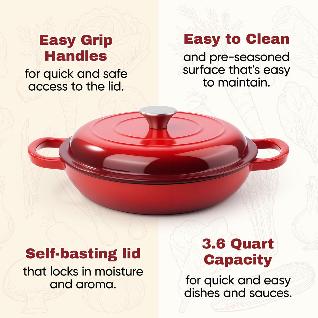 3 Quart Enameled Cast Iron Braiser, Non Stick Enameled Cast Iron Skillet with Lid, Dutch Oven Skillet with lid up to