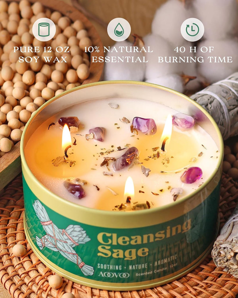 Sage Candle for Cleansing - 3 Wick 12oz Large Scented Candle with Crystals & Sage Leaves Inside, Soy Candles Non - Set of 12
