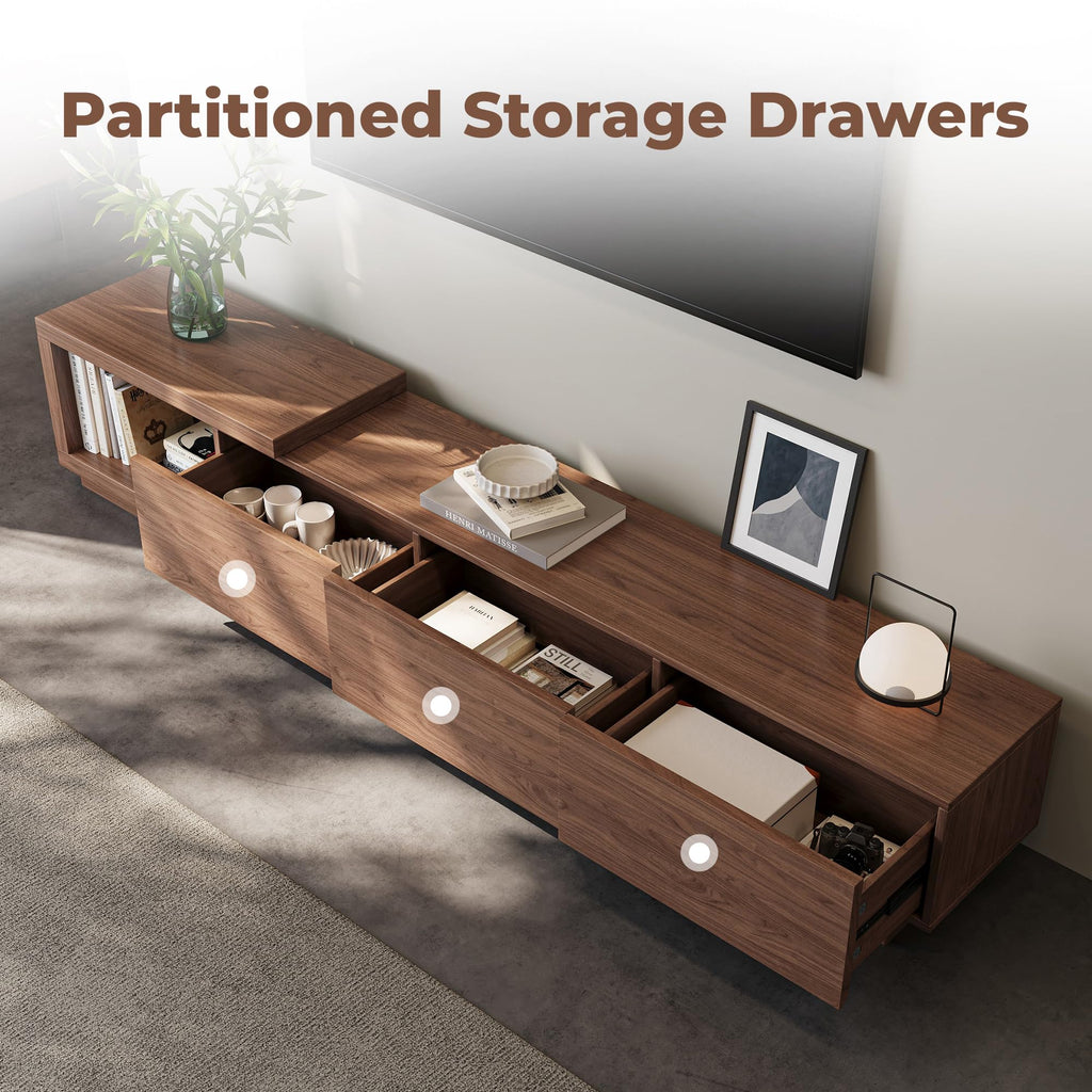 Extendable TV Stand for 65-100 Inches TVs - Walnut Entertainment Console with 3 Drawers & 1 Storage Compartment