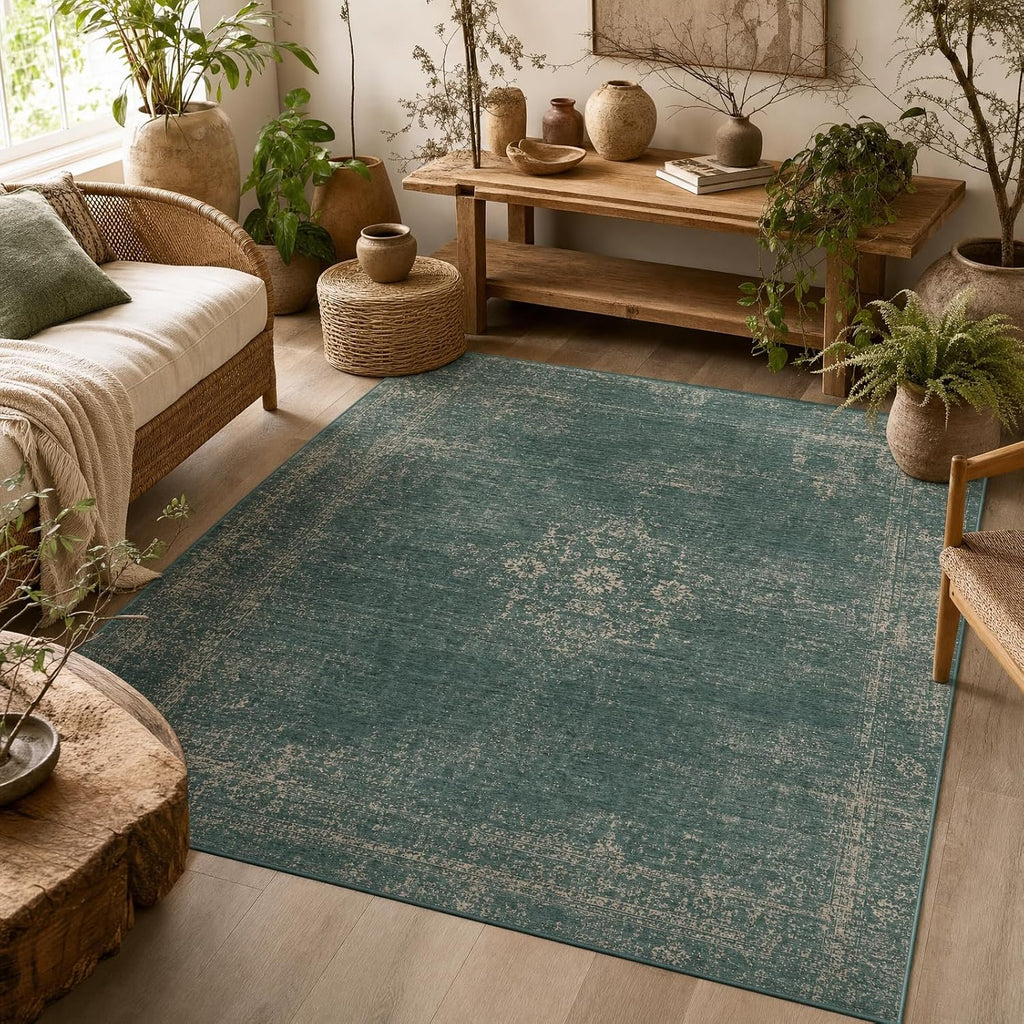 Green Distressed Area Rug 5x7 Vintage Boho Medallion Rugs Washable Bedroom
