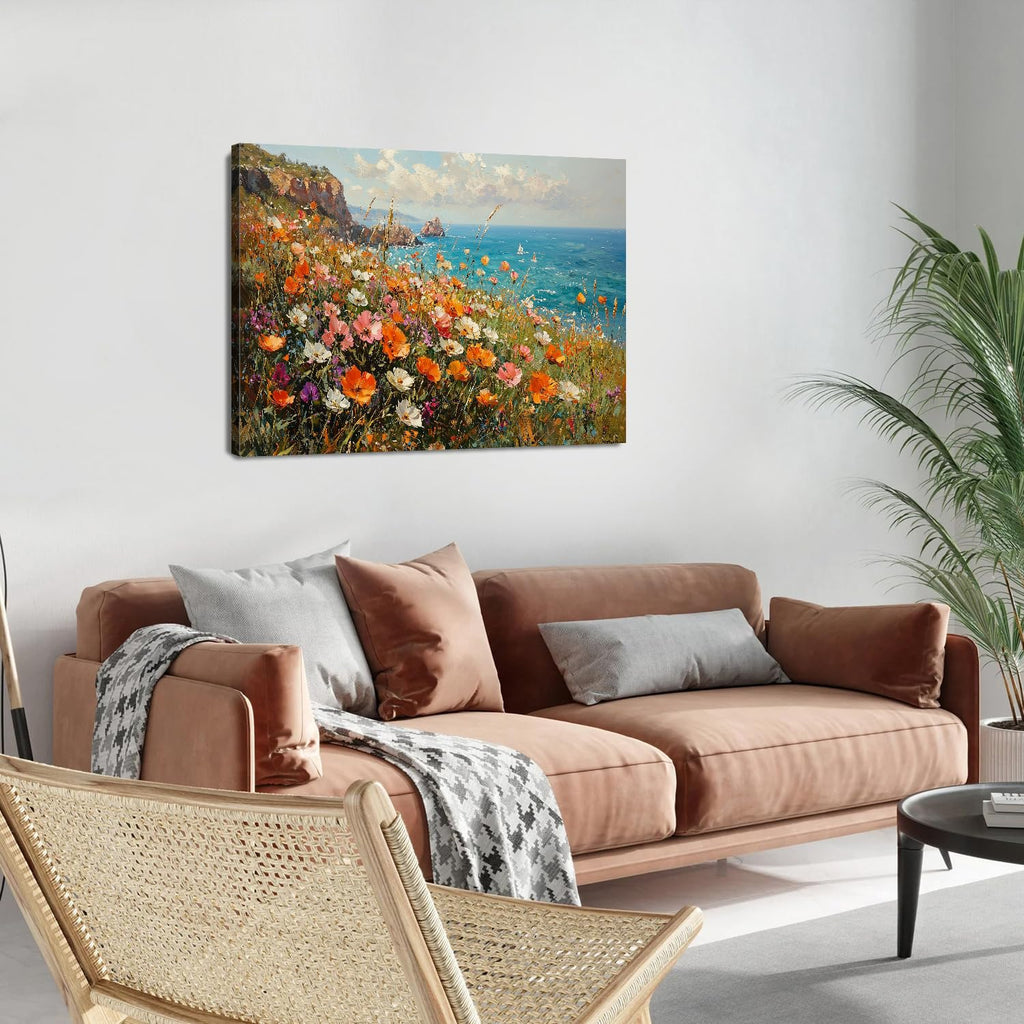 Rustic Floral Wall Art Living Room Girls Bedroom Wall Decor Navy Blue Ocean Coastal Landscape Picture Artwork Vintage