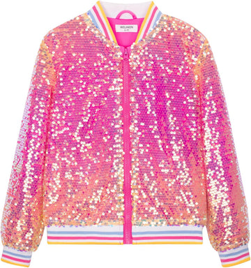 Girls' Ombre Sequin Bomber Jacket with Pockets Lightweight Sparkle Long Sleeve Zipper Gradient Jackets for Kid