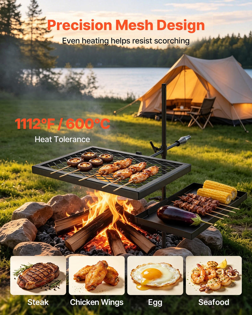 Heavy Duty Swivel Campfire Grill, Double Layer Portable Camping Grill Grate & Griddle, Sturdy Steel BBQ Mesh, 360°