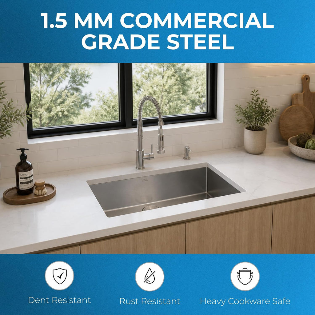 Modena 32-Inch Undermount Kitchen Sink - 32 x 19 x 10 in | 16 Gauge T304 Stainless Steel, Sound Guard, Sloped Bottom