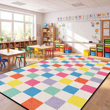 Colorful Checkered Classroom Rug 13'x7'5" Large Classroom Carpet