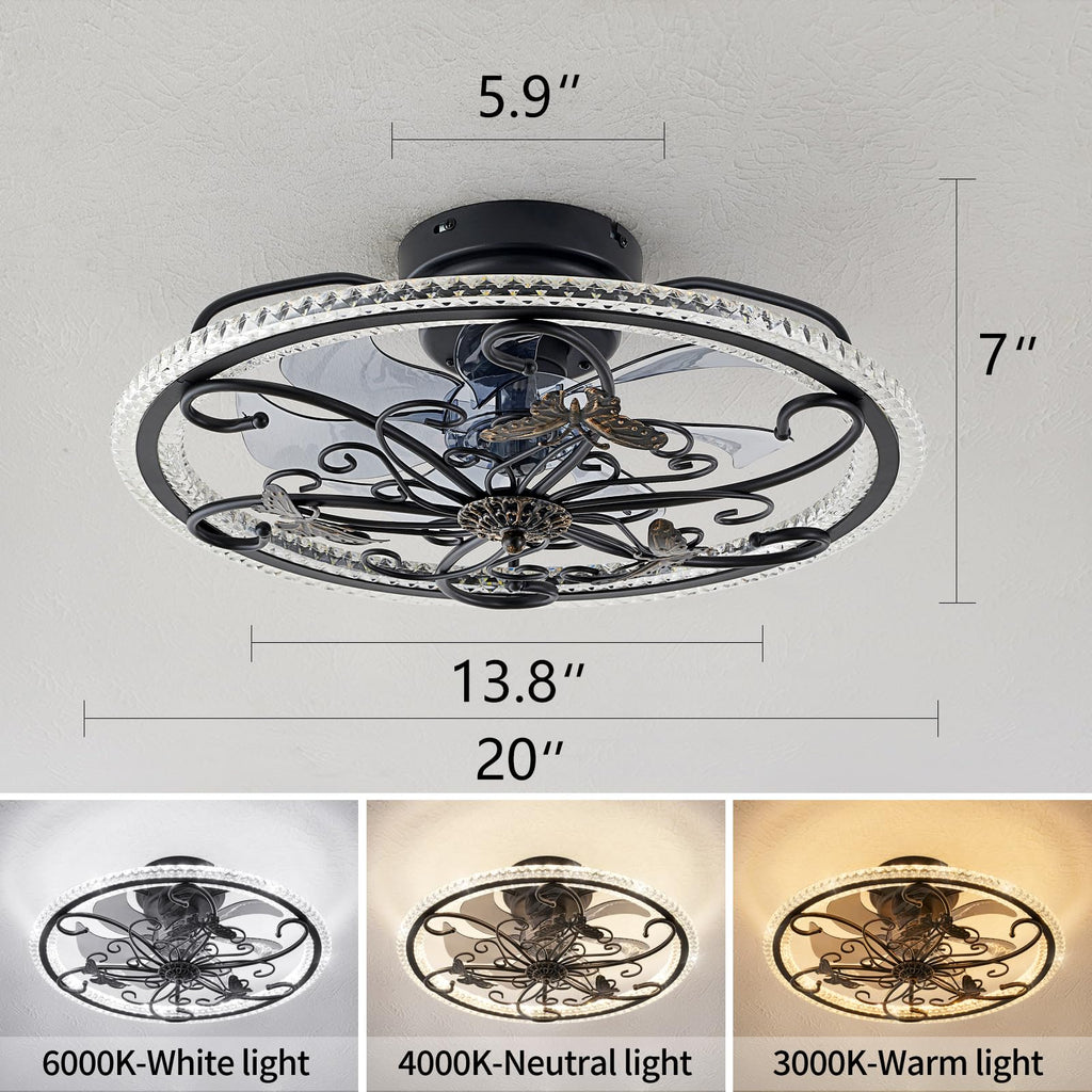 Retro Black Ceiling Fan with Lights Remote Control, 6 Speeds 3 Color Industrial Caged Ceiling Fan with Light Bedroom
