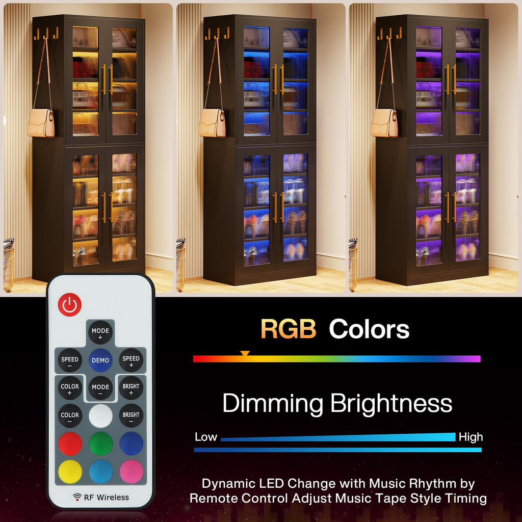 Black Shoe Storage Cabinet with Acrylic Doors and LED Lights, 8-Tier Tall Entryway Shoe Organizer Rack with