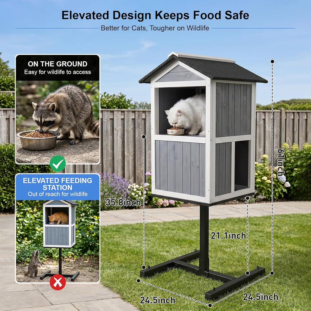 2 Story Outdoor Cat Feeding Station & Shelter, Weatherproof Elevated Feral Cat House with Steel Stand, Feeding