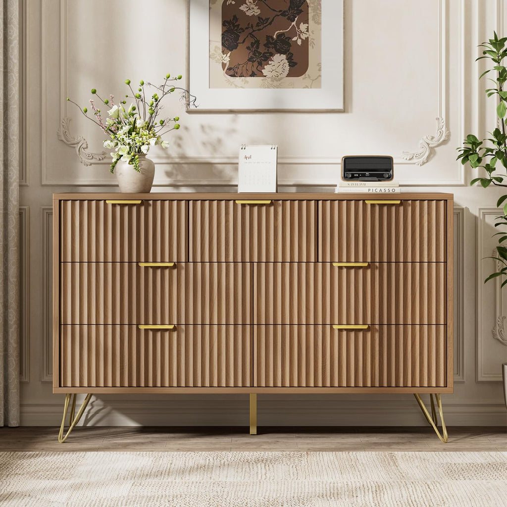 Fluted Dresser, Walnut 7 Drawer Dresser with Gold Handles and Wide Drawers, Wood Chest of Drawers (Walnut)