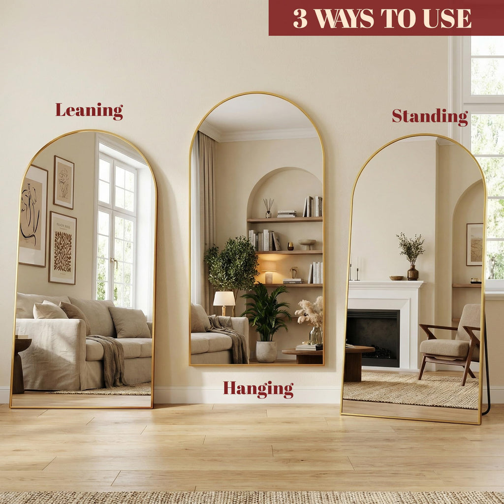 90"x46" Arched Full Length Mirror with Stand, Gold Floor Mirror