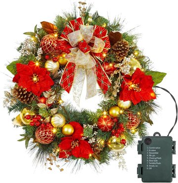 30 Inch Pre-Lit Christmas Wreath for Front Door, Battery Operated with 40 LED Lights, Red & Gold Ball Ornaments, Pine