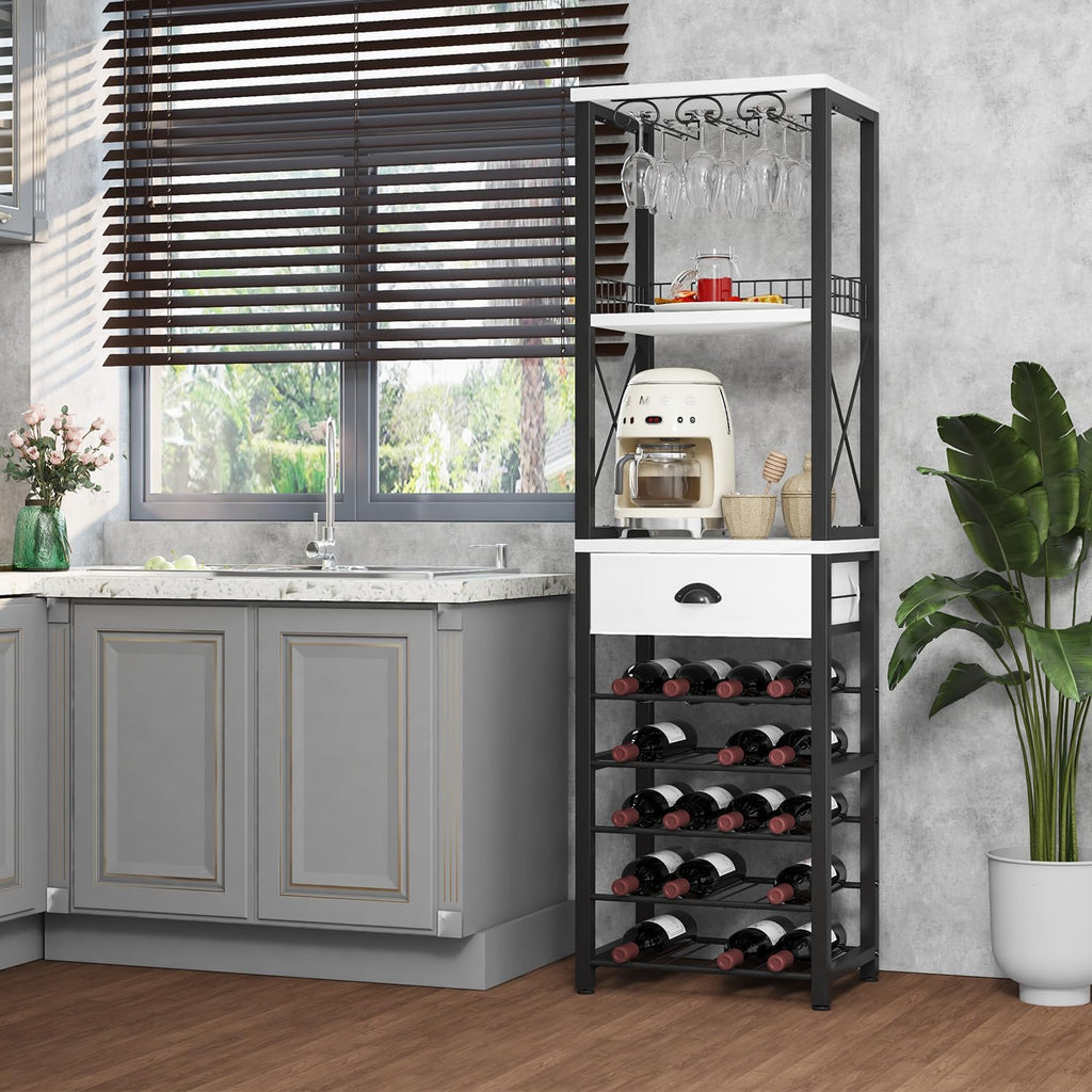 Wine Rack Freestanding Floor, Bar Cabinet for Liquor and Glasses | 4-Tier bar Cabinet with Tabletop, Glass Holder
