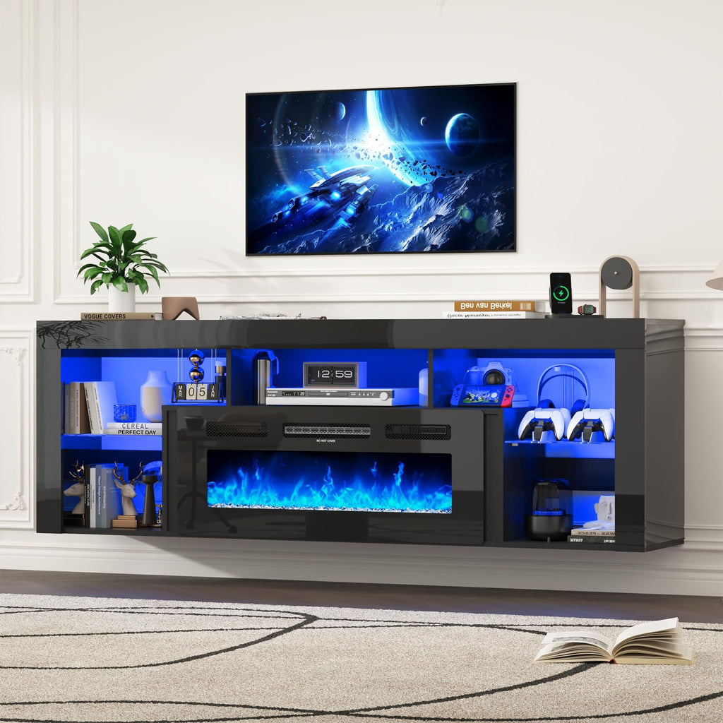 71" Floating for up to 85" TVs, Modern High Gloss Entertainment Center w/40 Electric Fireplace, Charging Station&LED