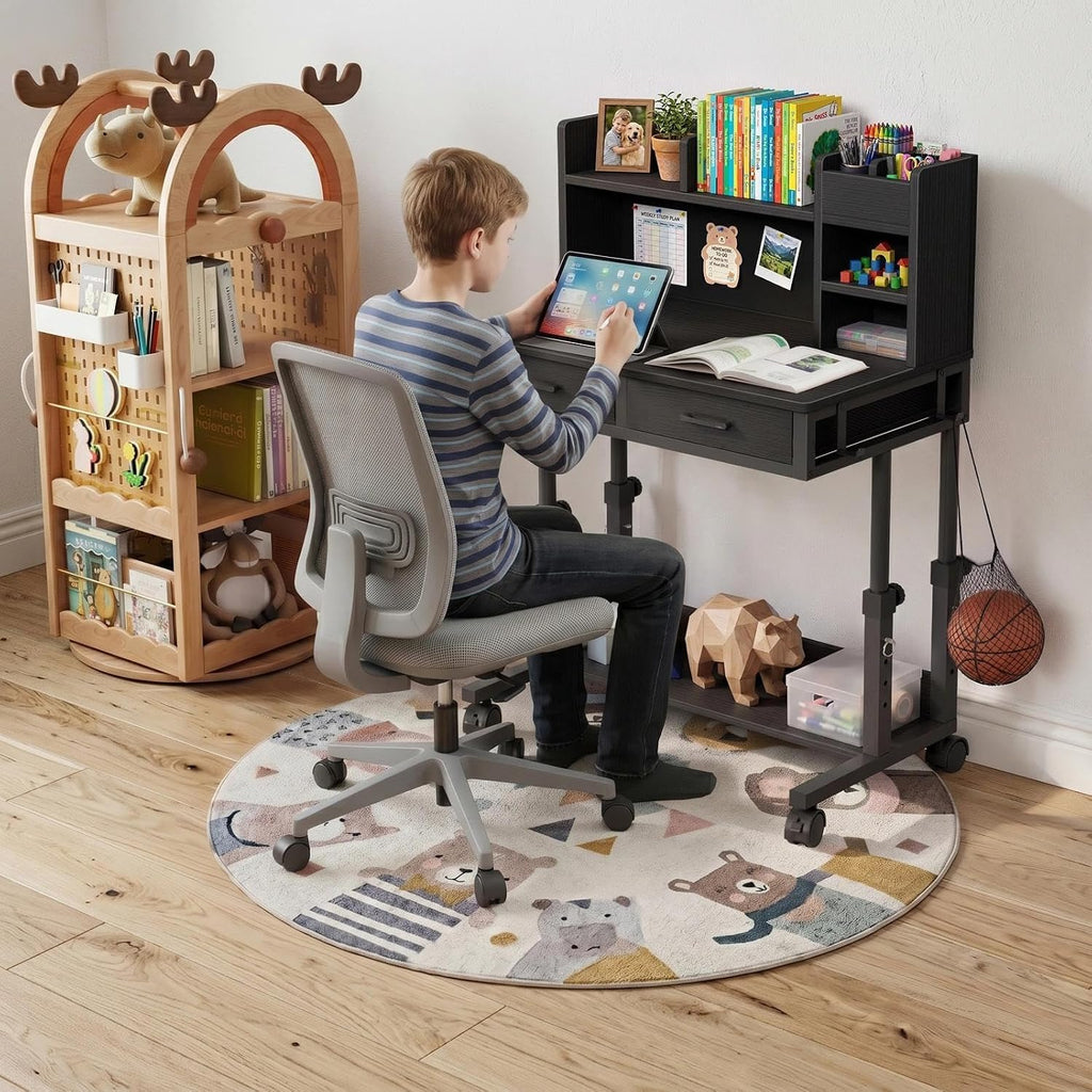Black Mobile Kids Desk - 32" Height Adjustable Study Table with Hutch