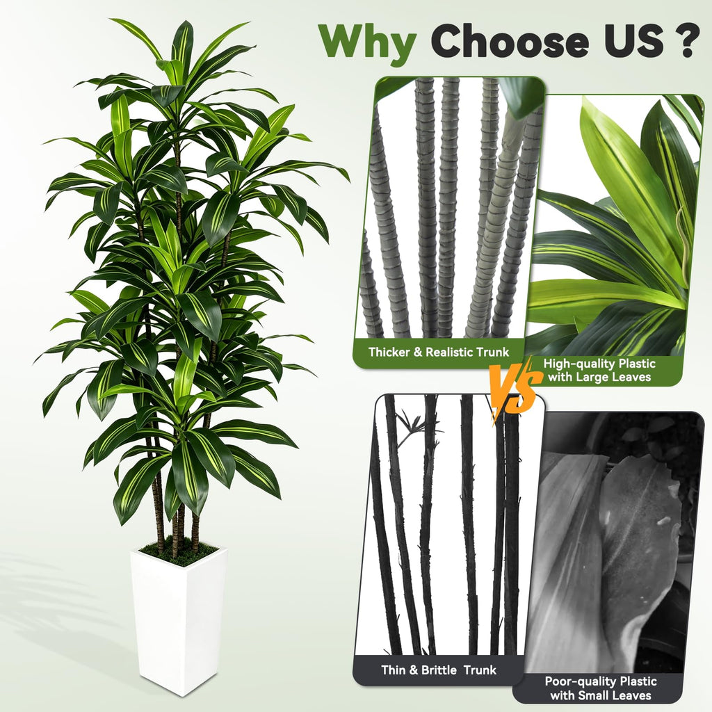 7FT Artificial Dracaena Tree with Tall White Planter - Large Fake Tree with Lifelike Leaves - Tall Faux Floor Plants