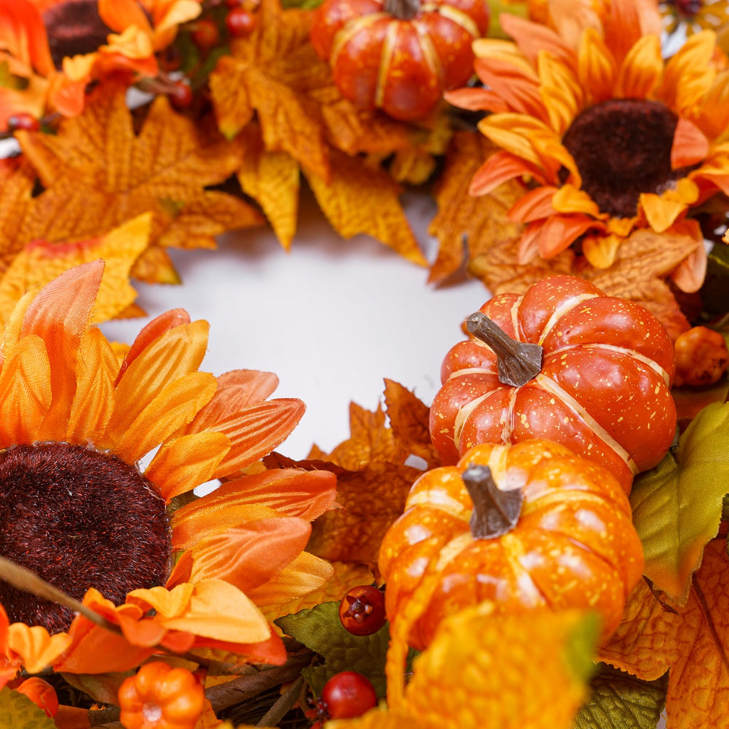 Fall Wreaths for Front Door 22 Inch, Autumn Wreath with Berry Pumpkin, Maple Leaves, Thanksgiving Harvest Festival