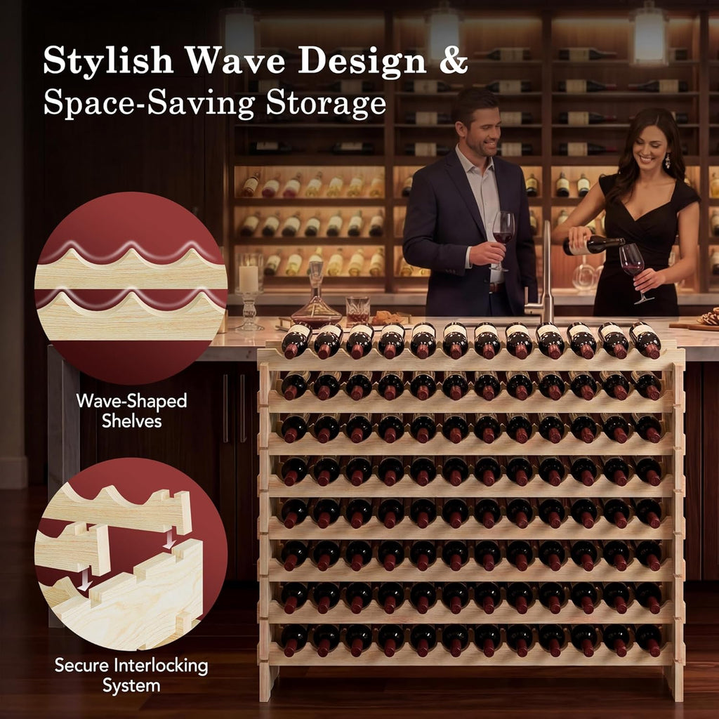 96 Bottles Stackable Modular Wine Rack, 8-Tier Wooden Wine Storage Rack Freestanding Wine Holder Display Shelves