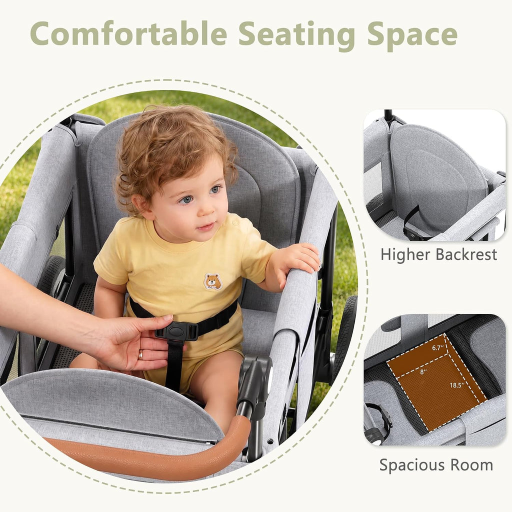 Folding Wagon Stroller for 2 Kids, Shock-Absorbing Wheel, Gray