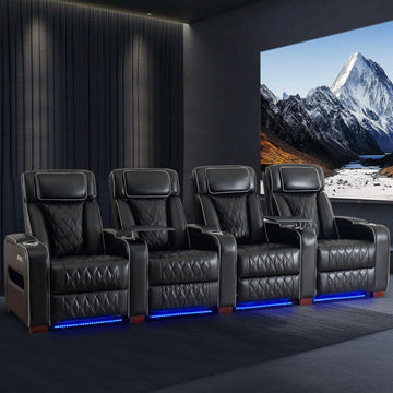 Luxury Home Theater Seating - Power Recliner with Adjustable Headrests, Blue LED Ambient Lighting, Tray Table