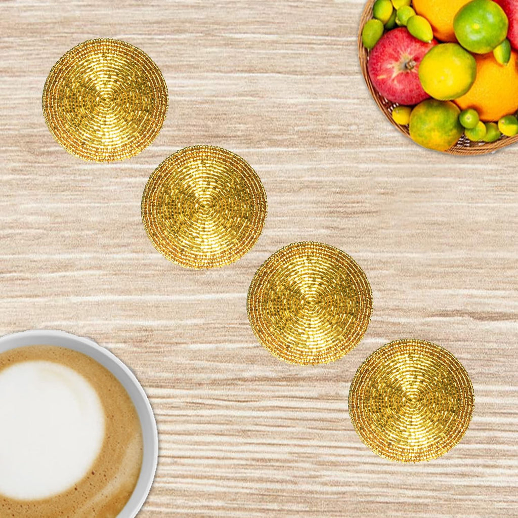 Indian Handmade Top Table Accessories Gold Shimmering 4" Round Beaded Coasters Suitable for Cold Drinks Mugs Cups - Set of 4