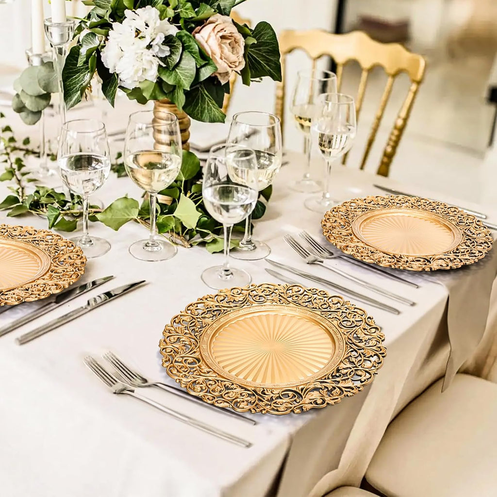 Gold Charger Plates, 13" Round Plastic Dinner Chargers, Decorative Hollowed Out Flowers Serving Plates - Set of 12