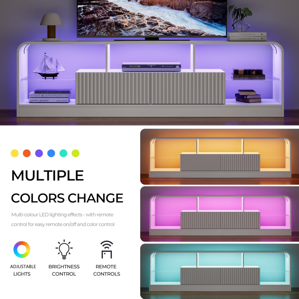 For 60/65/70 Inch TVs, Modern Curved TV Console with LED Lights, 2 Drawers & Glass Shelves, Living Room Entertainment
