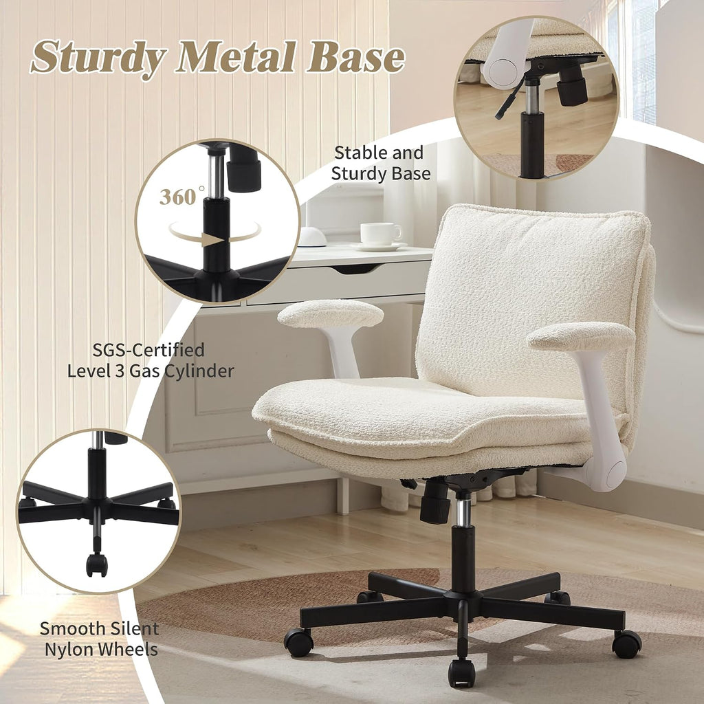 Criss Cross Legged with Wheels and Flip-Up Arms, Upholstered Criss Cross Desk Chair, Wide Seat Chairs for Home