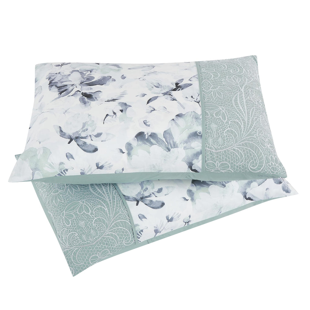 Luxury 7-Piece Floral Comforter Set, Aqua-Green Printed & Lace-Style Embroidered Bedding with Decorative Pillows
