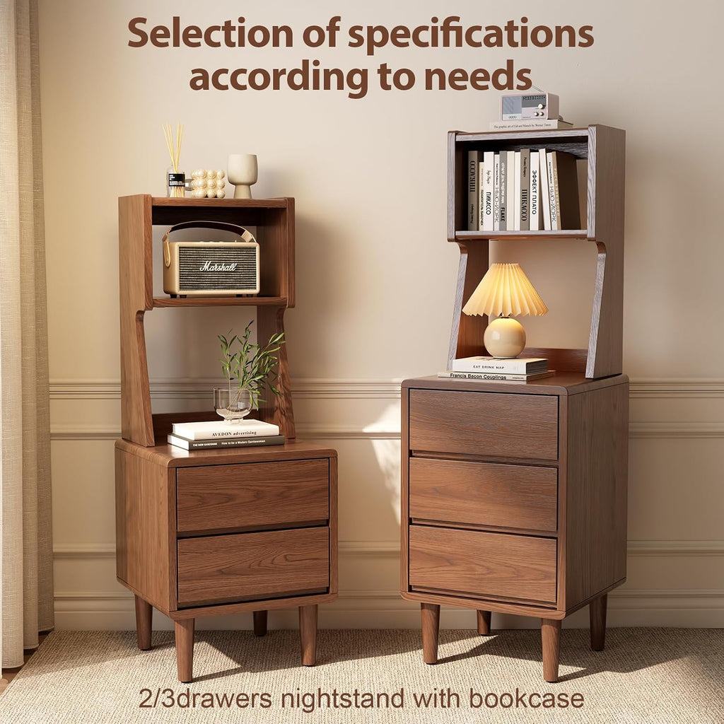 Solid Wood Bookshelf Nightstand Combo, Tall Nightstand with Bookshelf | Walnut Nightstand Bookshelf,Narrow Nightstand