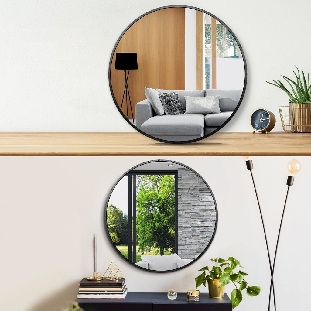 Round Metal Wall Mirror, 12 Inch, Black Frame Bathroom Mirror