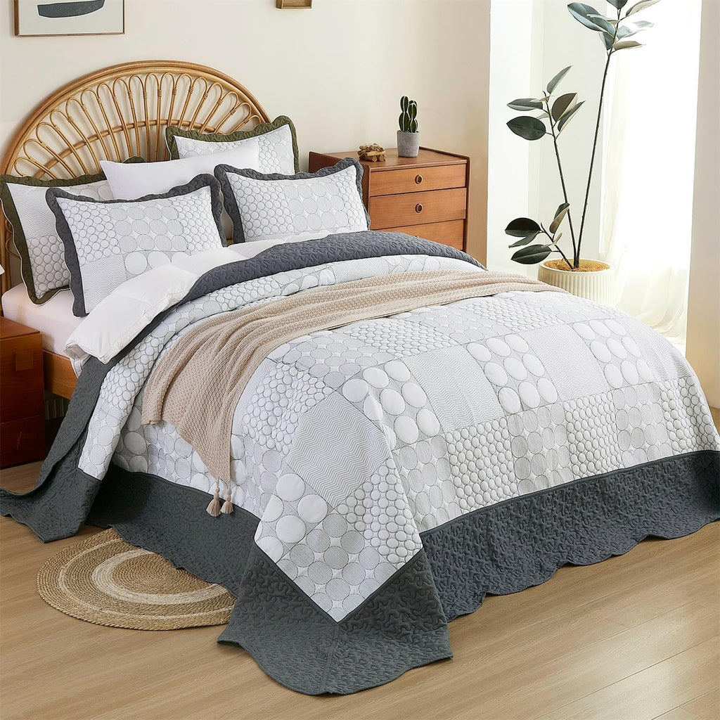 Quilt Set Dark Grey-128x120 Bedspread with 2 Pillow Shams-Exquisite Plaid Embroidery