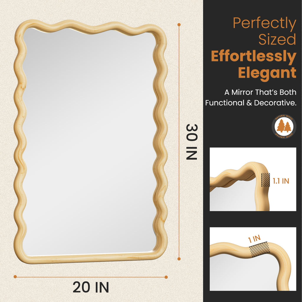 Wavy Wood Bathroom Vanity Mirror, 20"x30" Boho Decorative Wall Mirror