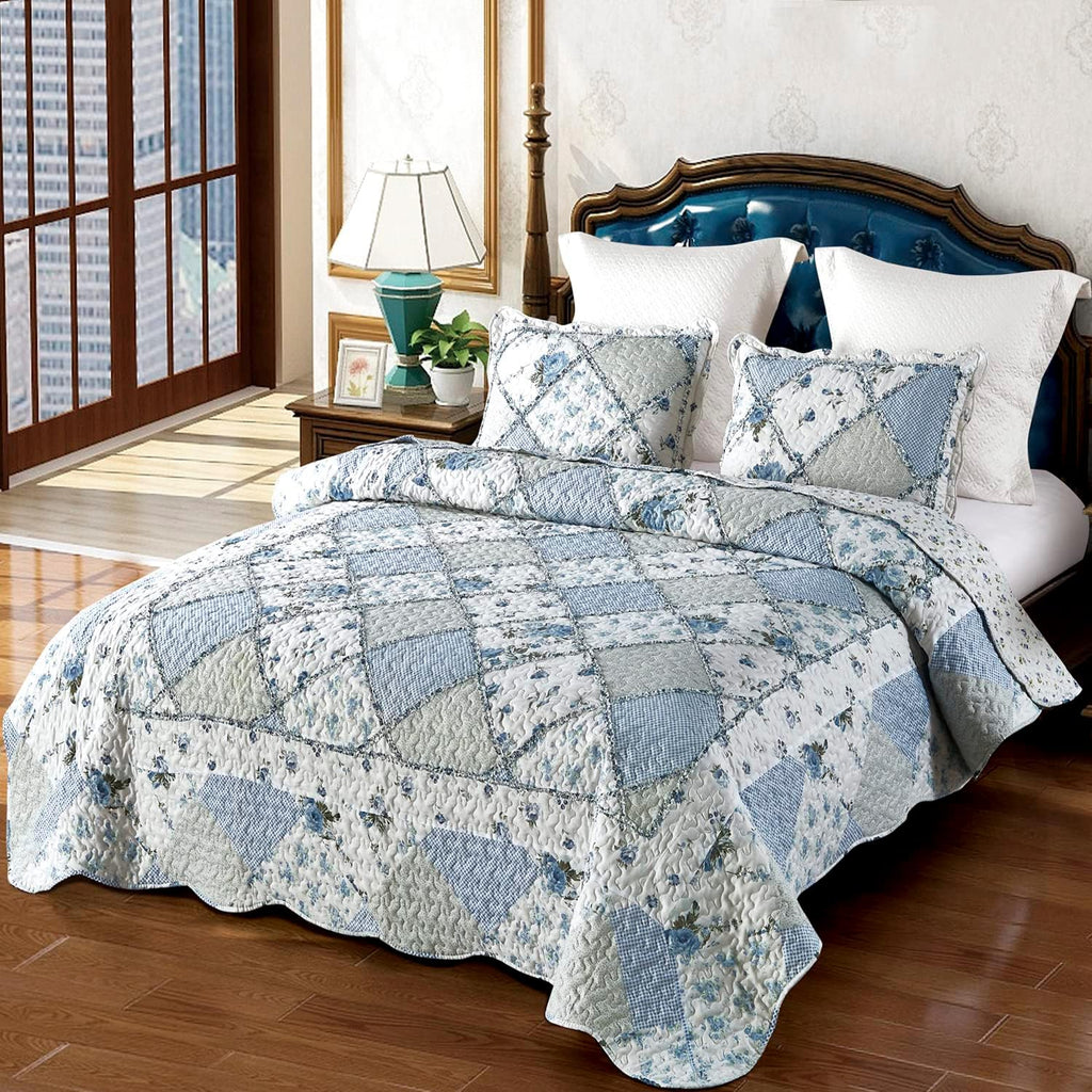 Blue Floral Patchwork Quilt Set, Full Queen, 3 Piece Bedding Set with 2 Pillowcases