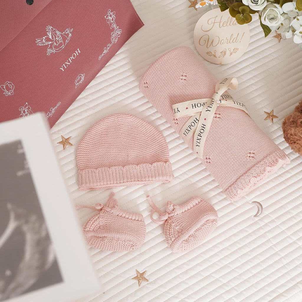 Organic Cotton Baby Blanket Knit Beanie Hat Booties Set