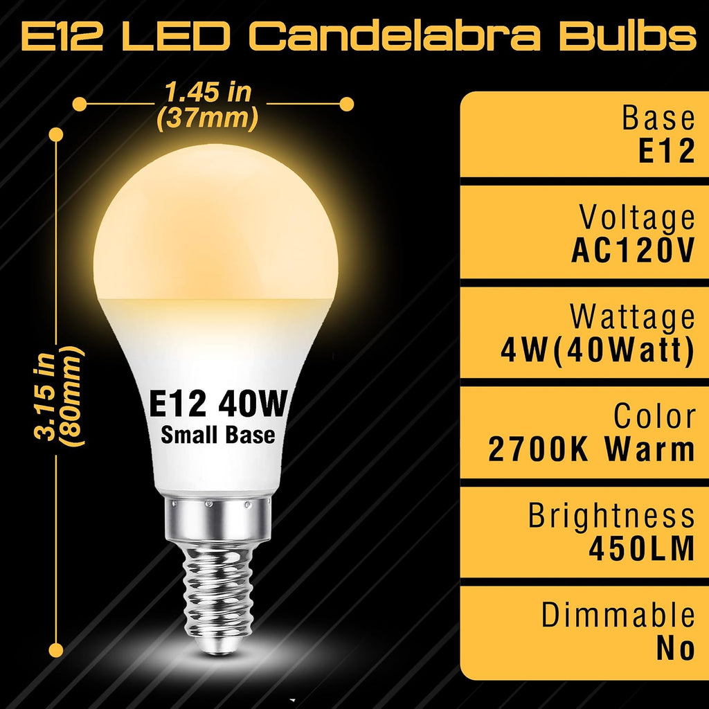 E12 Candelabra LED Light Bulbs 40Watt Equivalent 2700K Warm White, 4 Pack