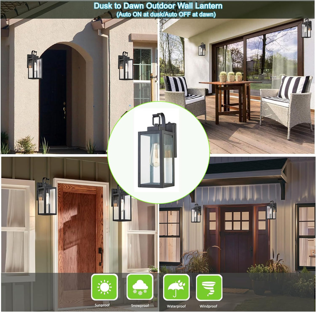 Dusk to Dawn Outdoor Wall Lantern, Wall Sconce for Porch Lighting Fixture, E26 Base Max 60W, Metal Housing Plus Glass