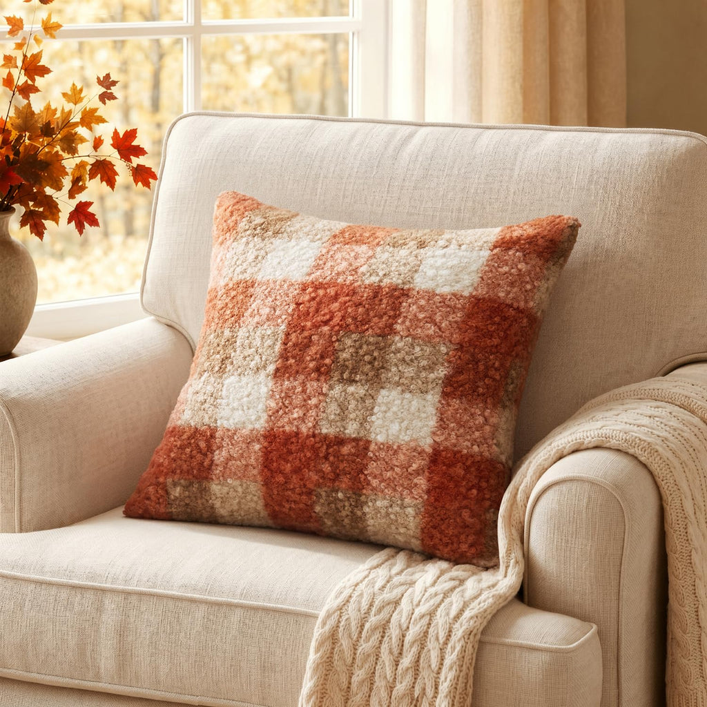 Fall Plaid Pillow Covers Boucle Orange 18x18 Set of 2