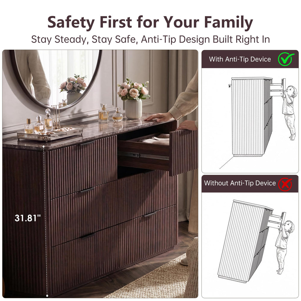 54" W Fluted 6 Drawer Bedroom Dresser, with Faux Marble Top, Dark Oak