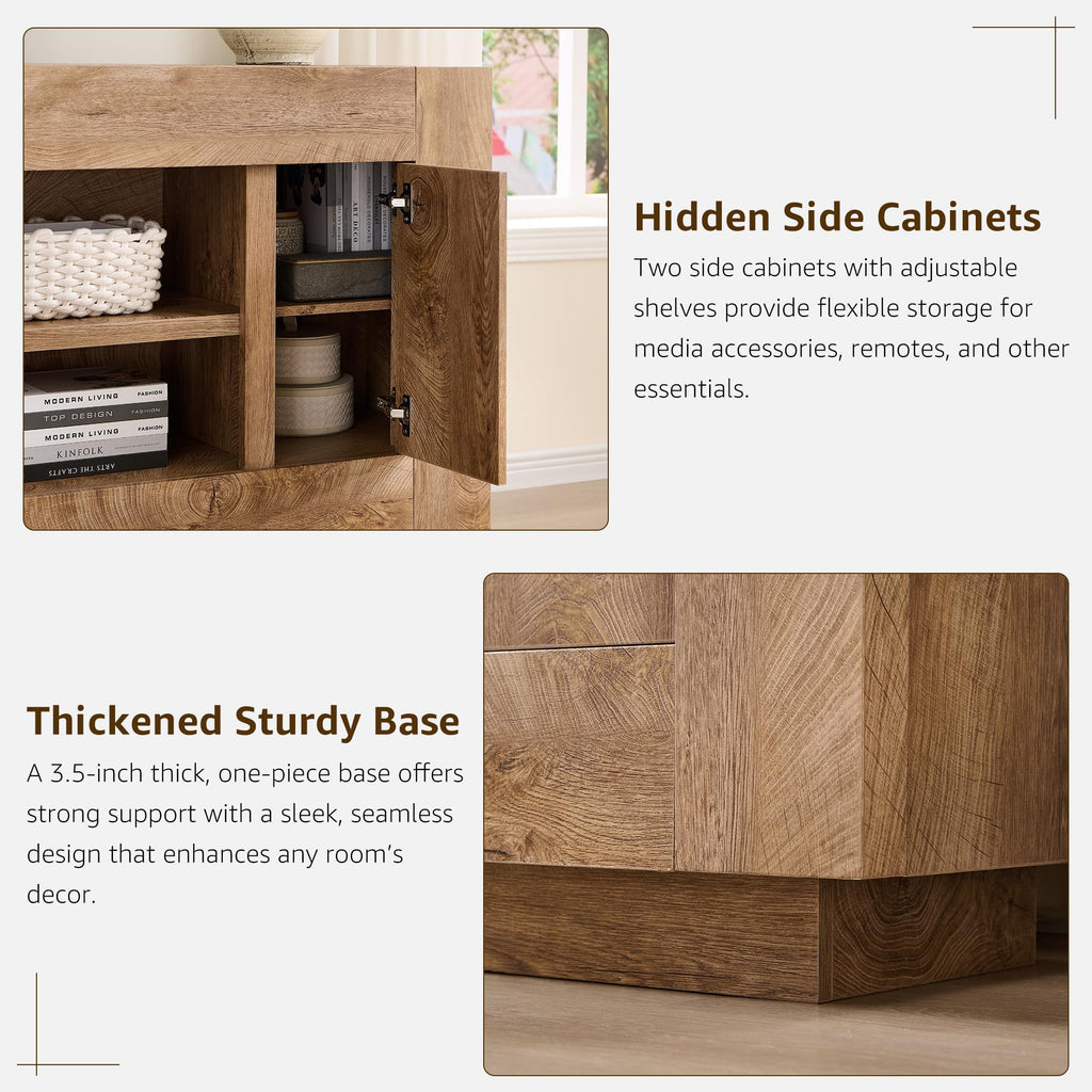 Modern 70" TV Stand for 80" TV, Thick Block Media Console, Light Oak