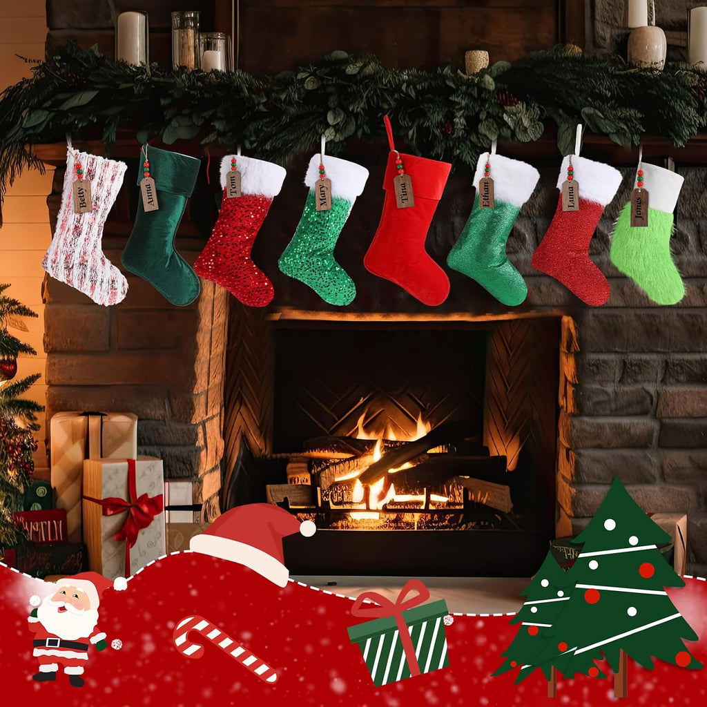 8 Pack 20in Christmas Stocking and 8Wood Hanging Tag, Red Green | Farmhouse Plush Velvet Scales Glitter Xmas