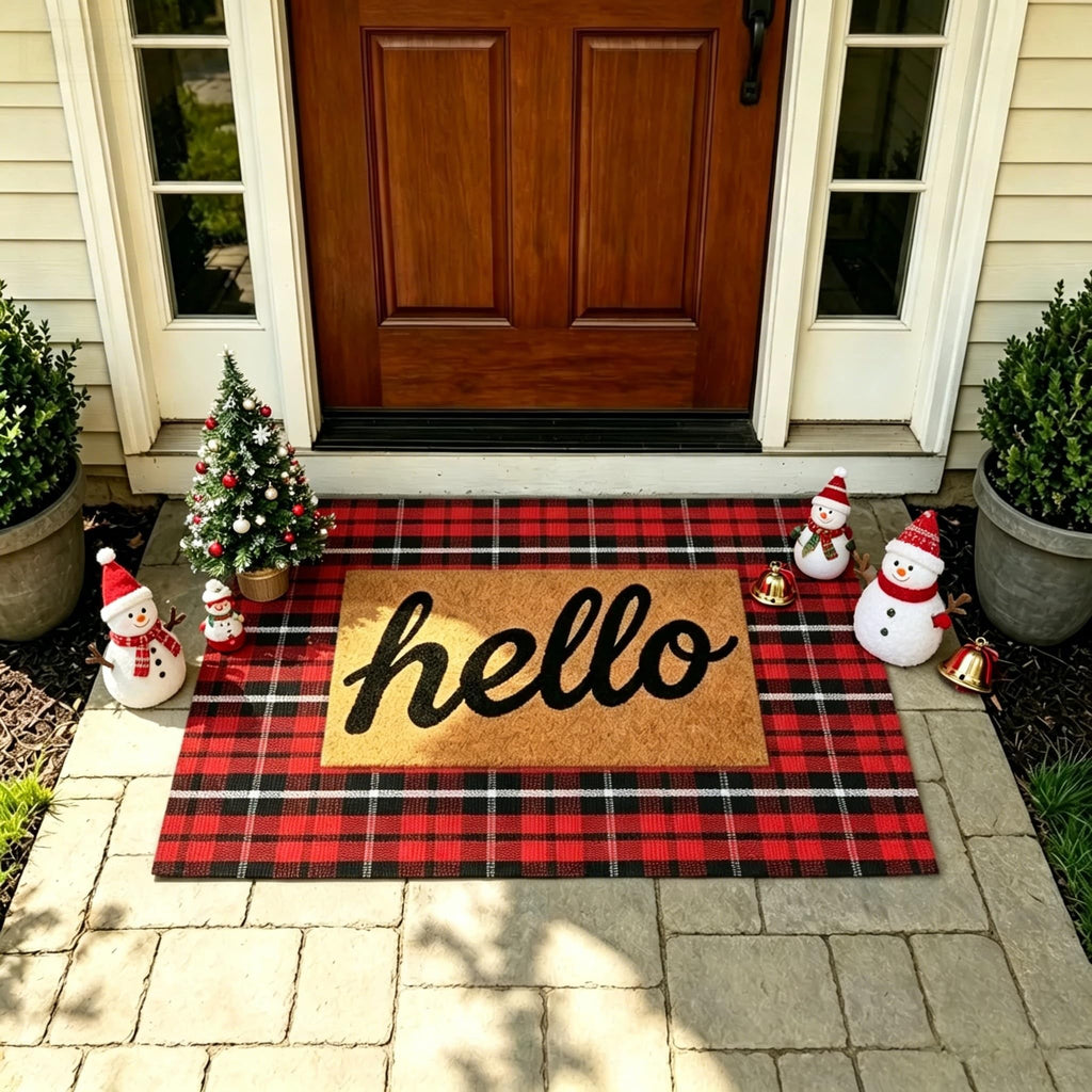 Cotton Buffalo Plaid Rug, 27.5x43 Christmas Red Black White Outdoor Rug Front Door Decorative Mat, Washable Doormat