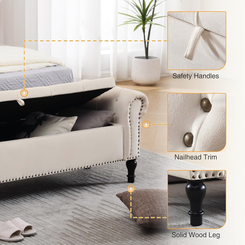 Storage Bed Bench , Velvet 67" End of Bed Benches, King Size Bench with Armrest, Tufted Button Upholstered Ottoman