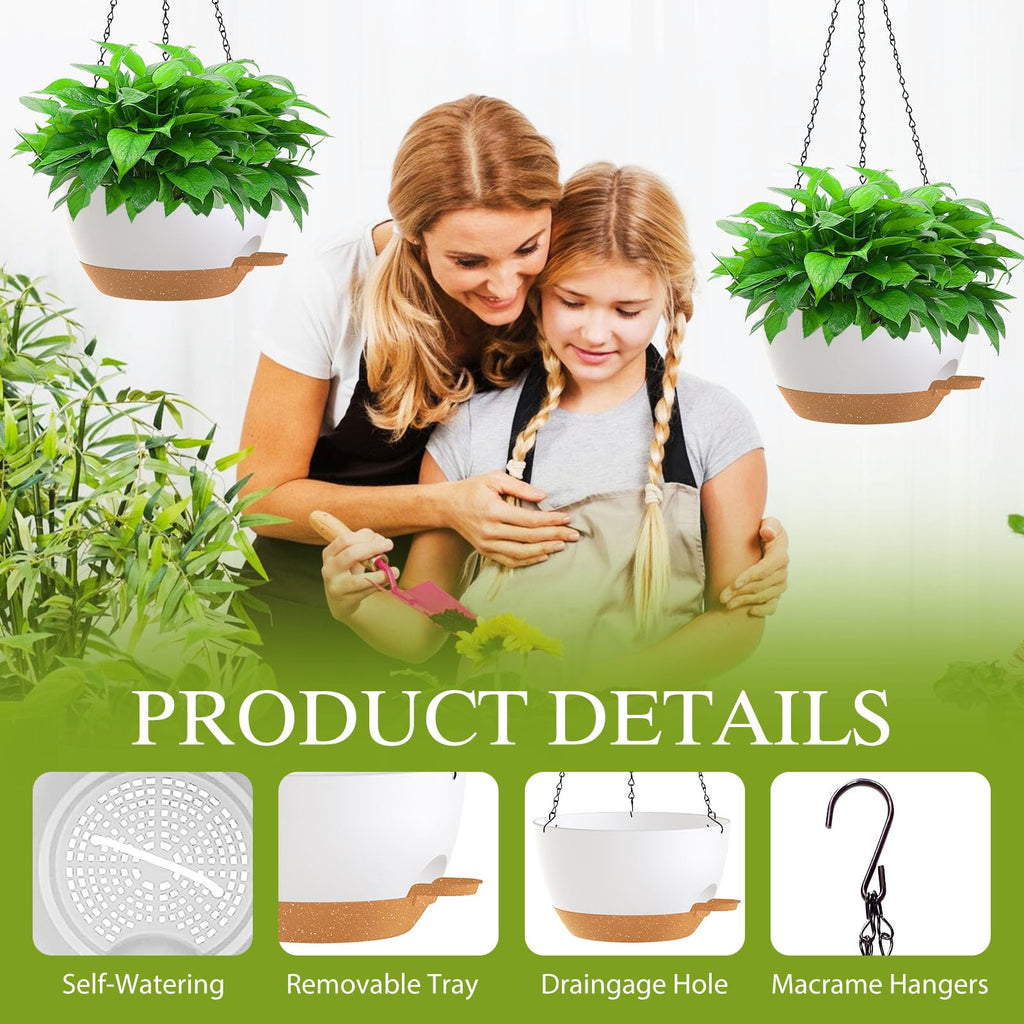 10 Inch Hanging Baskets 2 PC with Chains, Self-Watering Hanging Planters for Indoor Outdoor Plants, Plastic Hanging